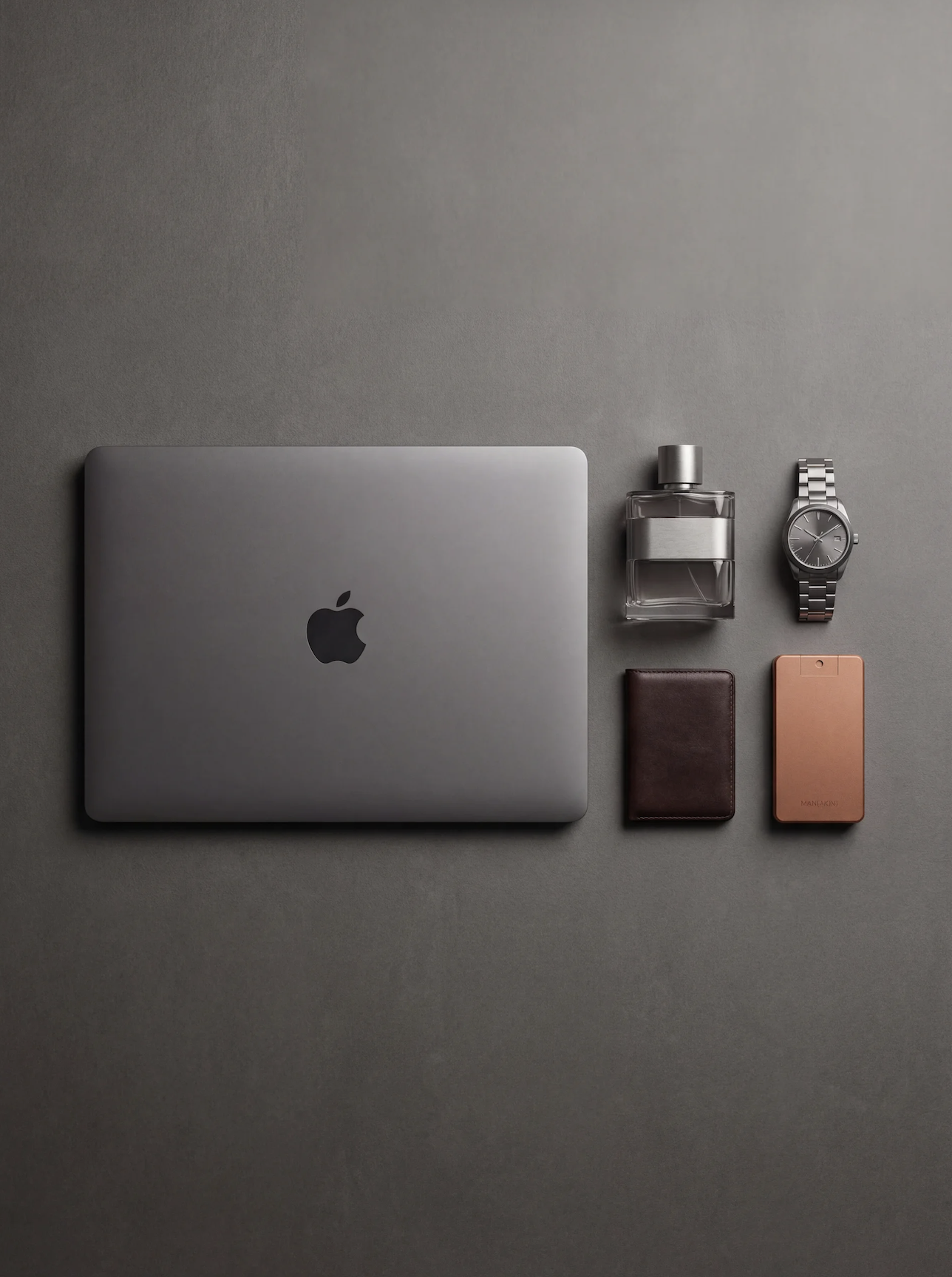 MAN(AKIN) copper device alongside laptop, watch, wallet, and cologne